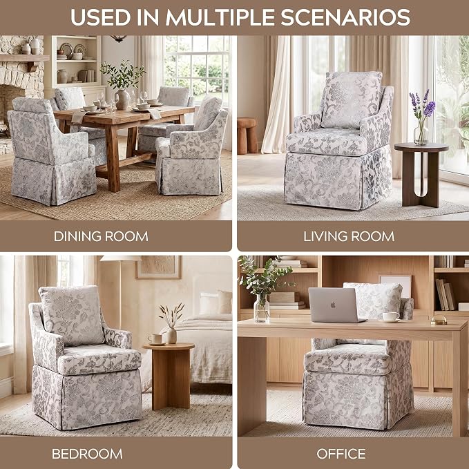 UVV Upholstered Dining Chairs Set of 4, Modern Jacquard Kitchen Chair Dining Room Chair with 4 Casters, Linen Armchair for Bedroom Reading Room Living Room, Silvery White