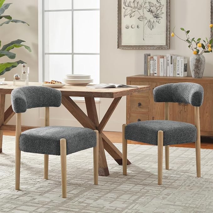 VKNOW Wooden Dining Chairs Set of 2 with Curved Open Back, Black | Natural Rubberwood Legs, Soft Chenille Fabric, Thickened Cushion, For Adults and Family, Dining Room, Kitchen, No Wobble