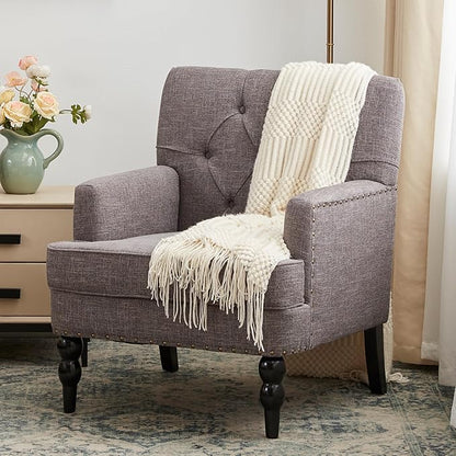 HUIMO Tufted Club Chair with Lumbar Pillow,Upholstered Button Armchair,Accent Reading Chair,Linen Fabric Sofa Chairs for Bedroom, Living Room, Mid Century Modern with Studded Chair Grey