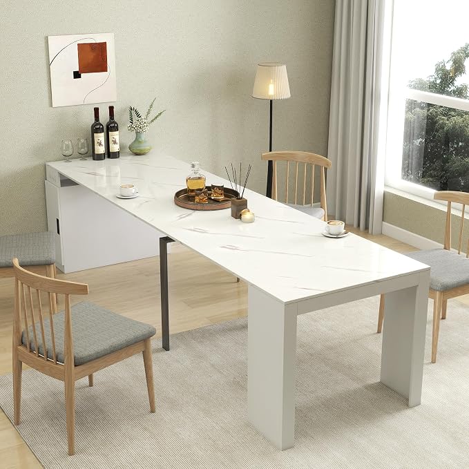Extendable Dining Table with Storage, Transformer Extra Console Table for 1-12 People, Folding Space Saving Dining Room Table with Built-in Outlet for Homes, Apartments, Marble White
