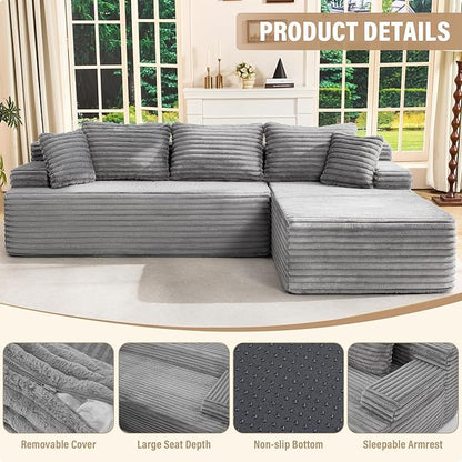 Hobestluk Boneless Couch Modular Sectional Sofa L-Shape Oversized Chaise | 108" Right Facing Chaise Light Grey,Memory Foam,Removable Cover,Non-slip Bottom,No Assemble Required,Living Room Furniture