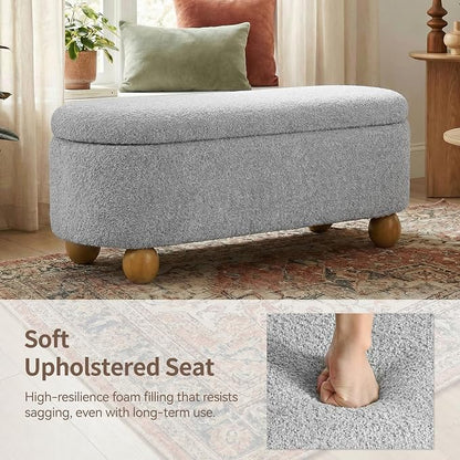 VKNOW 44.8" Storage Ottoman Bench End of Bed Bench, Thickened Upholstered Blanket Chest for Living Room, Entryway Bench with Cute Spherical Solid Wood Stool Legs for Bedroom, Grey