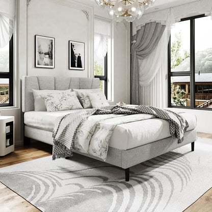Sismplly Queen Size Platform Bed Frame with Upholstered Headboard, Wooden Slats Support, Noise Free, No Box Spring Needed, Easy Assembly, Light Grey, Linen