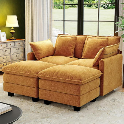 58" Cloud Couch Loveseat, Deep Seat Modular Sectional Sofa with 4 Removable Washable Pillows and 2 Ottoman for Living Room, Bedroom, Apartment, Orange