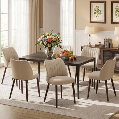 Upholstered Dining Chairs Set of 6, Modern Fabric Dining Chairs with Curved Backrest & Solid Rubber Wood Legs, Padded Kitchen Dining Room Chairs for Restaurant Cafe, Camel