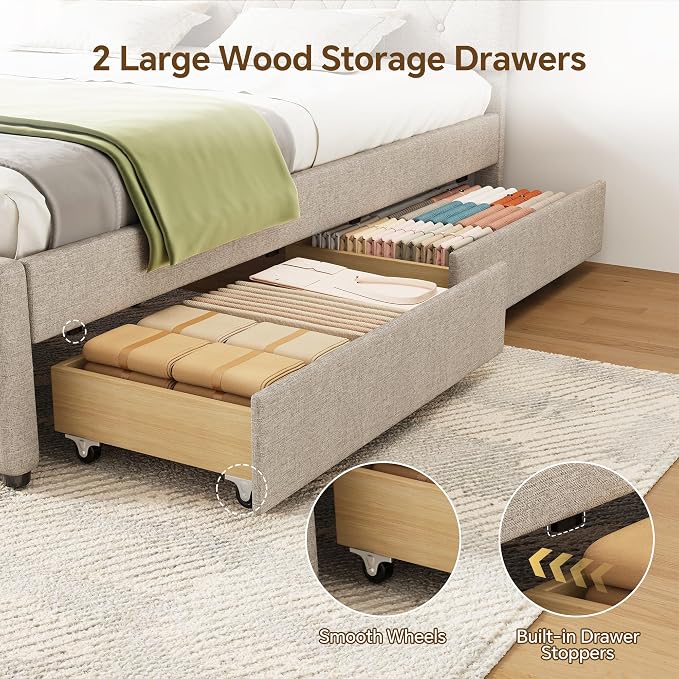 Queen Bed Frame with 2 Wood Storage Drawers & Pull‑Out Trundle Bed,Upholstered Platform Bed Frame Queen Size with Adjustable Headboard,Wooden Slats Support,No Box Spring Needed,Taupe