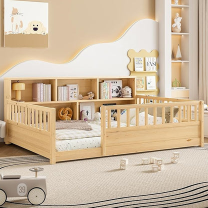 Bellemave Full Size Montessori Floor Bed with Bookcase, Full Floor Bed with High Fence and Storage Shelves, Easy Assemble Montessori Beds Frame for Girls, Boys, Natural