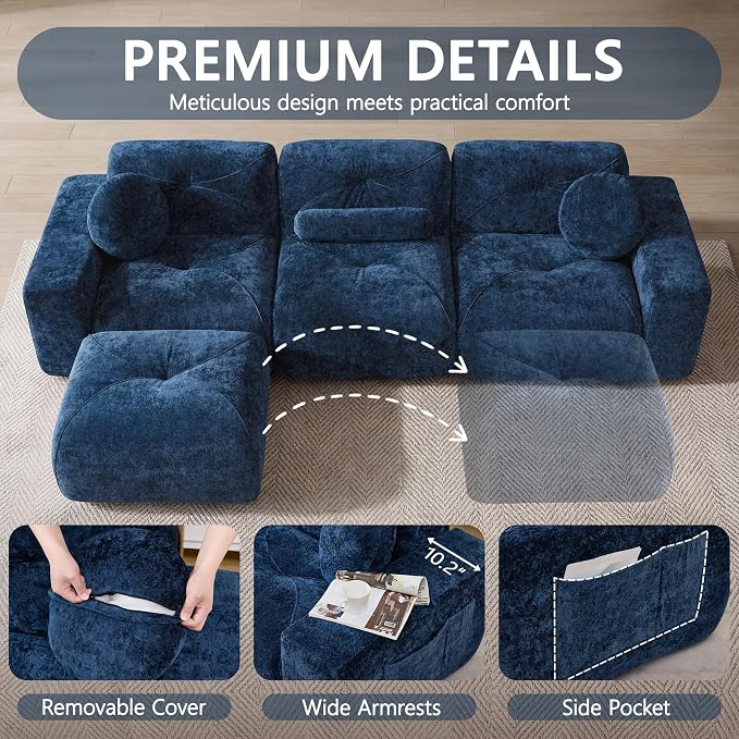 112" Modular Sectional Cloud Couch, L Shaped Sofa Boneless Couches with Movable Ottoman, 3 Deep Seat Modern Comfy Velvet Sofa for Living Room, Bedroom, Apartment (Blue)