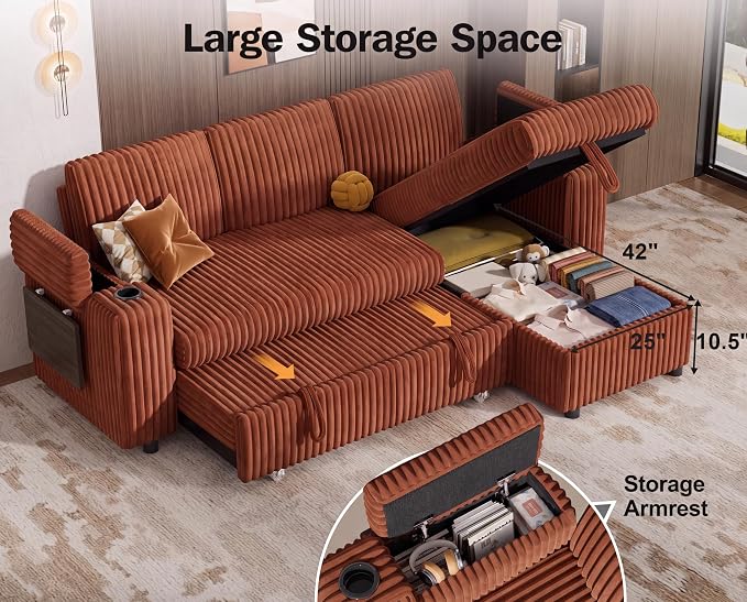 Vipbear 86" Modular Sectional Sleeper Sofa with Pull Out Bed, 3 Seat Plush Corduroy L Shaped Couch with Storage Chaise|USB Ports|Cup Holders|Side Table|Storage Armrests, Tool Free Assembly, Orange