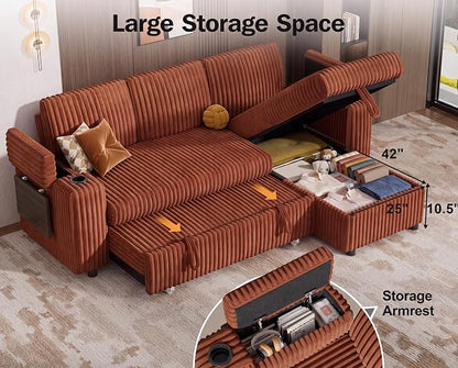 Vipbear 86" Modular Sectional Sleeper Sofa with Pull Out Bed, 3 Seat Plush Corduroy L Shaped Couch with Storage Chaise|USB Ports|Cup Holders|Side Table|Storage Armrests, Tool Free Assembly, Orange