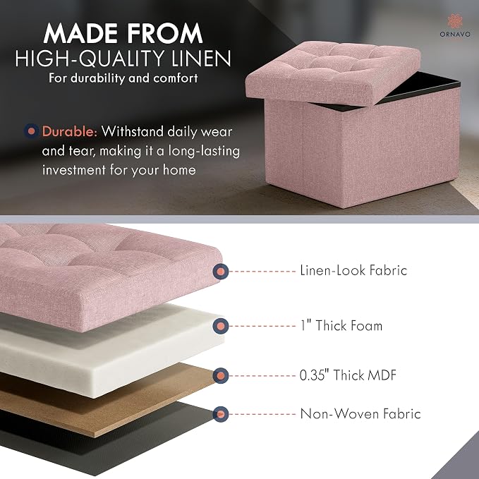 Ornavo Home Small Storage Ottoman, Set of 2, Foldable Collapsible Rectangle Linen Ottoman Foot Rest Stool Seat, for Living Room, Bedroom, Home Office, Dorm - 12 x 16 x 12, Pink