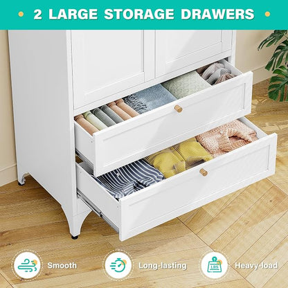 SISESOL Metal Wardrobe Cabinet with Drawer and Hanging Rod,Armoire Wardrobe Closet with Doors,White Metal Clothing Storage Cabinet with Adjustable Shelves,Armoire Storage Cabinets for Home,Bedroom