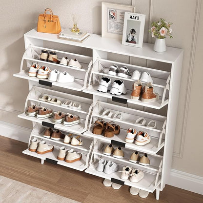 BORNOON Shoe Cabinet for Entryway with 6 Flip Drawers, Slim Wooden Shoe Storage Organizer with Modern Fluted Pannel，Freestanding Narrow Hidden Shoe Rack for Hallway, Foyer, Living Room