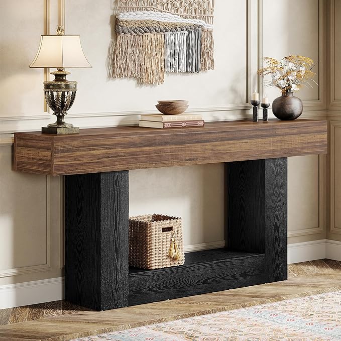 Tribesigns 63" Console Table, Farmhouse 2-Tier Entryway Table with U-Shaped Base, Narrow Long Wood Behind Couch Table for Living Room, Hallway, Foyer, Dark Brown & Black