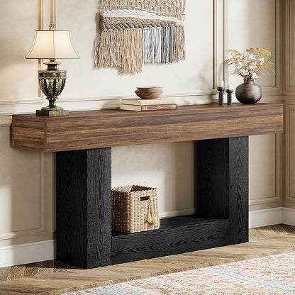 Tribesigns 63" Console Table, Farmhouse 2-Tier Entryway Table with U-Shaped Base, Narrow Long Wood Behind Couch Table for Living Room, Hallway, Foyer, Dark Brown & Black