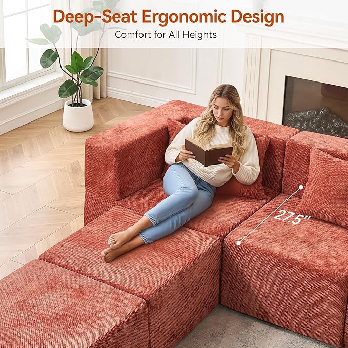 MONVANE Modular Sectional Cloud Couch for Living Room - 130'' 6 Seater Convertible Chenille Couches Set with Ottoman, No Assembly Compression Sofas, Comfy Floor Sofa with Memory Foam, Rust Red