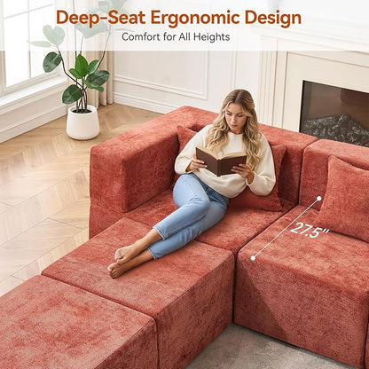 MONVANE Modular Sectional Cloud Couch for Living Room - 130'' 6 Seater Convertible Chenille Couches Set with Ottoman, No Assembly Compression Sofas, Comfy Floor Sofa with Memory Foam, Rust Red
