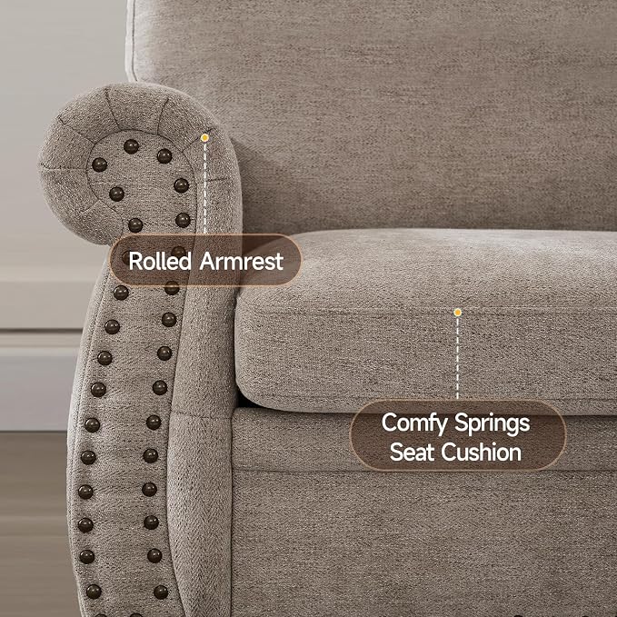 ONBRILL Nailhead Sofa, 66 Inch Small Couch with Rolled Arms, Chenille Fabric Loveseat w/Springs Seat Cushion, Vintage Curved Back, Turned Wood Legs, Comfy Couch for Living Room, Farmhouse, Beige