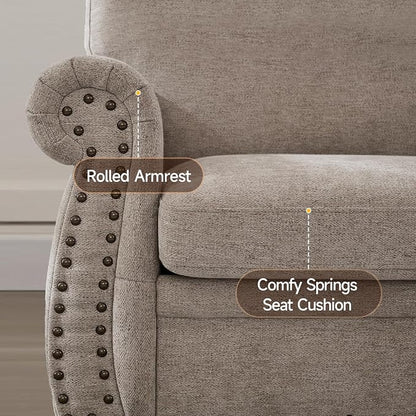 ONBRILL Nailhead Sofa, 66 Inch Small Couch with Rolled Arms, Chenille Fabric Loveseat w/Springs Seat Cushion, Vintage Curved Back, Turned Wood Legs, Comfy Couch for Living Room, Farmhouse, Beige