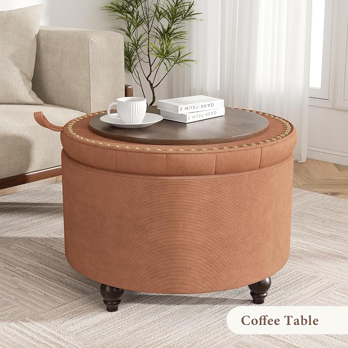 24 Inch Round Storage Ottoman,Modern Tufted Ottomans,Circular Coffee Table with Removable Top,Upholstered Large Ottoman with Storage Footrest Stool for Bedroom Living Room (Orange)