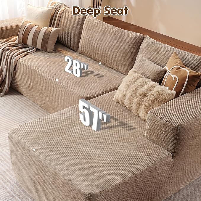 ovios 104" Cloud Boneless Couch with L-Shape Chaise,Modern Sectional Modular Sofa with Deep Seat, Upholstered Couches for Living Room Bedroom,No Assembly Required, Camel (Corduroy Fabric)