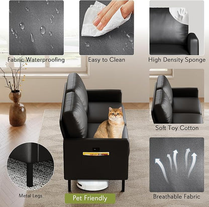 STHOUYN 56" W Faux Leather Loveseat w/ 2 USB, Black Love Seat w/Side Pockets, Small Loveseat for Small Space, Leather Couch for Bedroom, Apartment, Dorm, Black