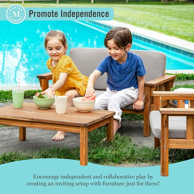 Martha Stewart Kids’ Outdoor Sofa Chair: Natural Acacia Wood Sofa Couch w/Gray Cushions for Indoor & Outdoor Spaces, 10" Seat Height | Kids’ Furniture for Garden, Patio & Backyard Picnics