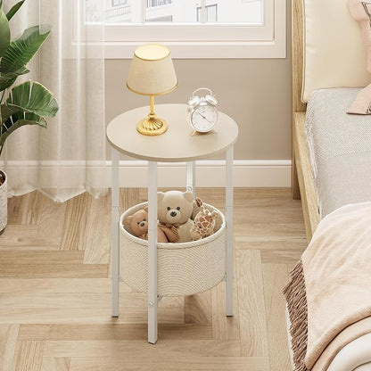 Vagusicc Round Side Table End Table with Storage Basket, Small Side Table Round Nightstand for Small Spaces, Tall Oval End Table with Steel Frame, Coffee Bedside Table for Living Room, Begie