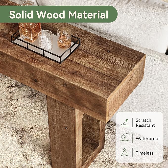 Solid Wood Console Table, 63-Inch Long Farmhouse Entryway Table, Sofa Console Behind Couch, for Foyer, Hallway, Living Room, Dark Brown