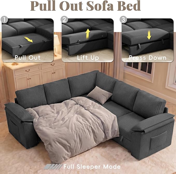 85 Inch Modular Sectional Sofa with Pull Out Couch Bed, L Shaped 5 Seat Sectional Couch with Storage, Corduroy Sectional Couches for Living Room, Cloud Modular Couch, Removable Sofa Cover, Dark Grey