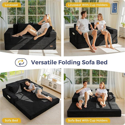 MAXYOYO Loveseat Sofa Bed, 64" Foldable Floor Sofa Couch in A Box with 2 Cup Holders, 4 in 1 Convertible Boneless Couch Folding Recliner Chair for Living Room, No Assembly Required, Black