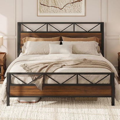 LIKIMIO King Bed Frame, Tall Industrial Headboard 51.2 ", Platform Bed Frame with Strong Metal Support, Solid and Stable, Noise Free, No Box Spring Needed, Easy Assembly, Walnut