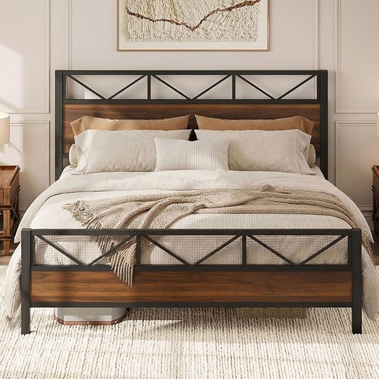 LIKIMIO King Bed Frame, Tall Industrial Headboard 51.2 ", Platform Bed Frame with Strong Metal Support, Solid and Stable, Noise Free, No Box Spring Needed, Easy Assembly, Walnut