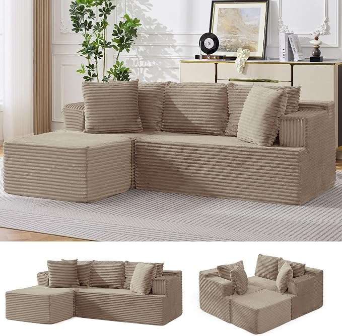 Korser Boneless Couches for Living Room, Cloud Couch Sectional with Ottoman, L-Shaped Sofa with Fluffy Comfy Corduroy Deep Seat, Bedroom, Apartment, No Assembly Required