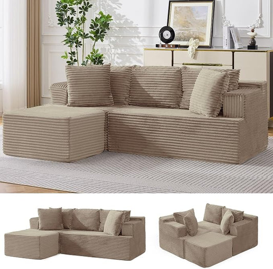 Korser Boneless Couches for Living Room, Cloud Couch Sectional with Ottoman, L-Shaped Sofa with Fluffy Comfy Corduroy Deep Seat, Bedroom, Apartment, No Assembly Required