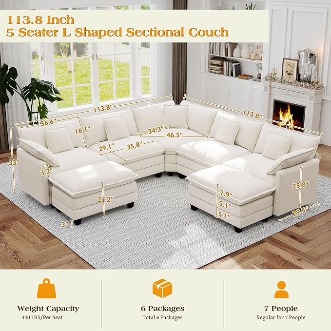 113.8" Modular Sectional Sofa,Cloud Couch for Living Room,Modern Deep Seat Sofa 5 Seater Chenille Fabric Comfy L Shaped Couches with Throw Pillows & Movable Ottoman for Apartment