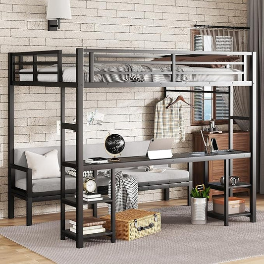 Bellemave Futon bunk Bed Twin XL Over Queen, Queen loft Bed with futon and Desk and Shelves, LED, USB, Black