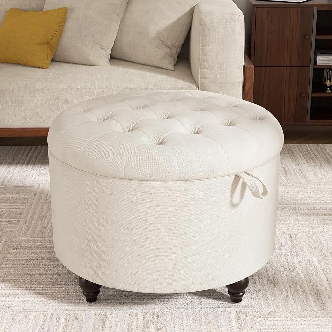 24 Inch Round Storage Ottoman,Modern Tufted Ottomans,Circular Coffee Table with Removable Top,Upholstered Large Ottoman with Storage Footrest Stool for Bedroom Living Room (White)