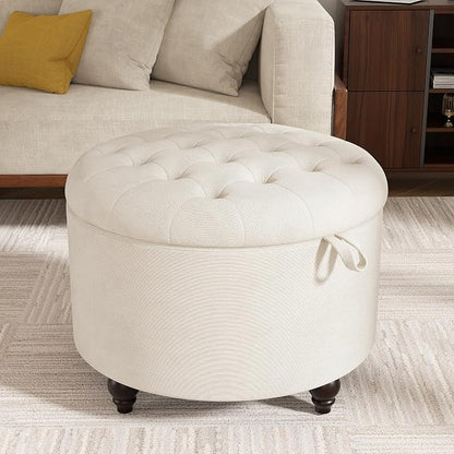 24 Inch Round Storage Ottoman,Modern Tufted Ottomans,Circular Coffee Table with Removable Top,Upholstered Large Ottoman with Storage Footrest Stool for Bedroom Living Room (White)
