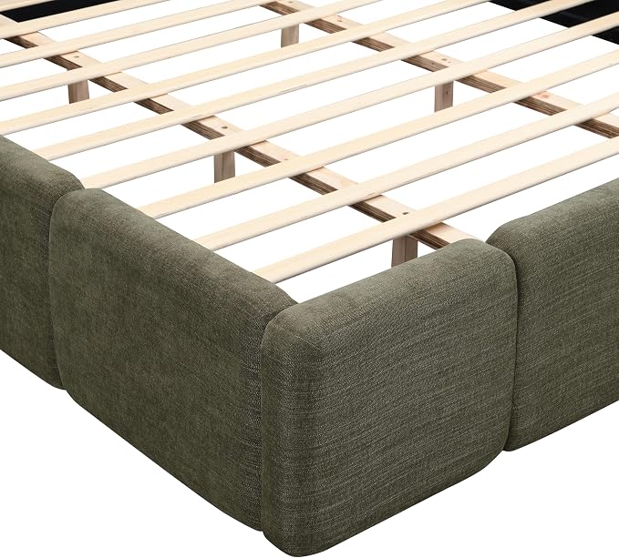 Merax California King Size Boucle Platform Bed with Thick Headboard and Footboard, Block Style Upholstery Floor Bed Frame, Green
