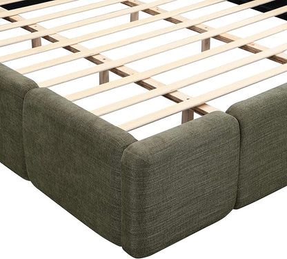 Merax California King Size Boucle Platform Bed with Thick Headboard and Footboard, Block Style Upholstery Floor Bed Frame, Green