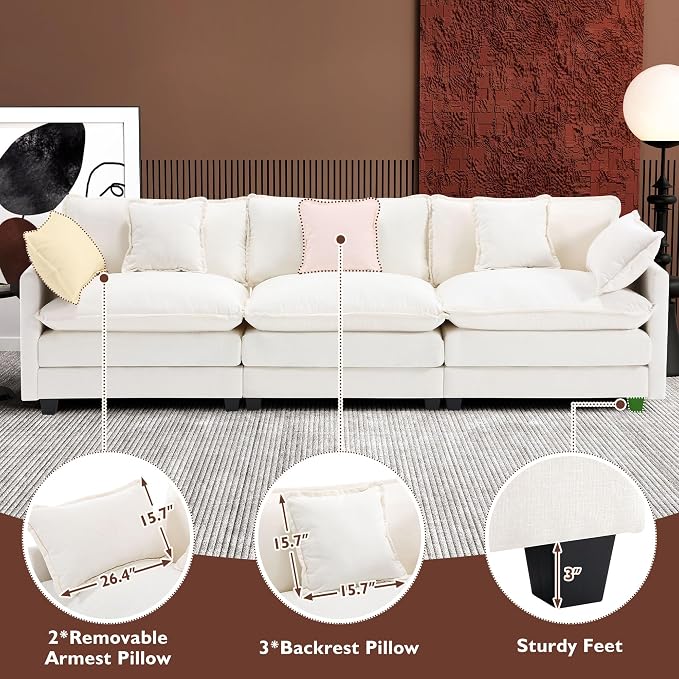 Ihanherry 111.4 Inch 3-Seater Cloud Sofa, Modular Sectional Couch, Modern Deep Seat Sofa for Living Room, Comfy Double Layer Upholstered Seat Cushion, Breathable Chenille Fabric, Beige