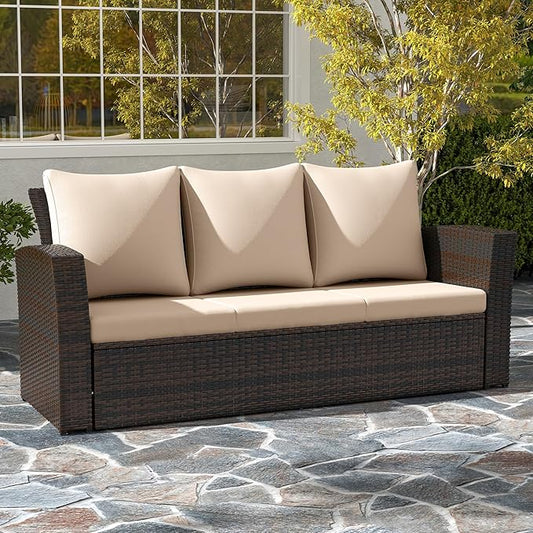 Wisteria Lane All Weather Wicker Patio Couch, 3 Seats Patio Sofa with Thick Cushions, Outdoor Furniture Couch with High Back, Outdoor Patio Sofa for Garden, Backyard, Porch, Beige