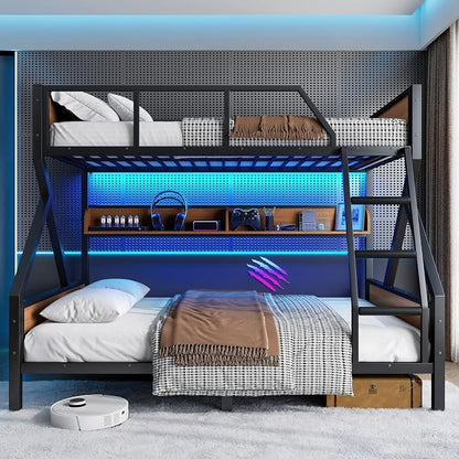 KEIKI Full Over Queen Bunk Bed, Heavy Duty Metal Bunkbed with Storage Shelves, Lights, Bottom Space & Guardrail for Aldults Dorm Bedroom Guest Room, No Box Spring Needed, Noise-Free Design
