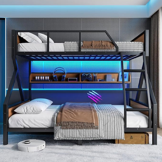 KEIKI Full Over Queen Bunk Bed, Heavy Duty Metal Bunkbed with Storage Shelves, Lights, Bottom Space & Guardrail for Aldults Dorm Bedroom Guest Room, No Box Spring Needed, Noise-Free Design