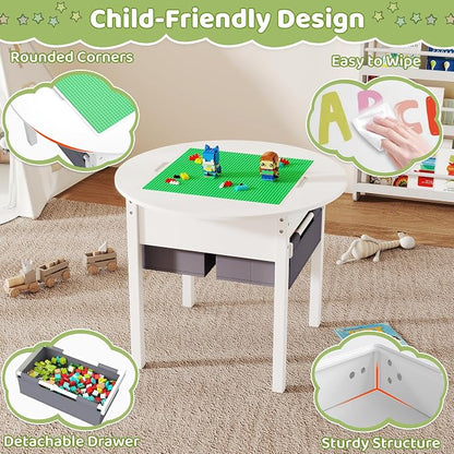 DOREROOM Kids Table with Storage, Wooden Kids Play Table with 2 Canvas Drawers, Round Toddler Activity Tables with Double Sided Desktop for Ages 3-8, Building Blocks, Toddler Desk for Bedroom/Nursery