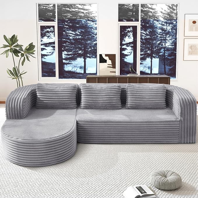Hobestluk Modular Sectional Sofa Couches L-Shape Couch 3 Seat Modular Sofa Memory Foam Sectional Couches for Living Room, Cloud Couch (Round Lightgrey, 96", Left Hand Facing)