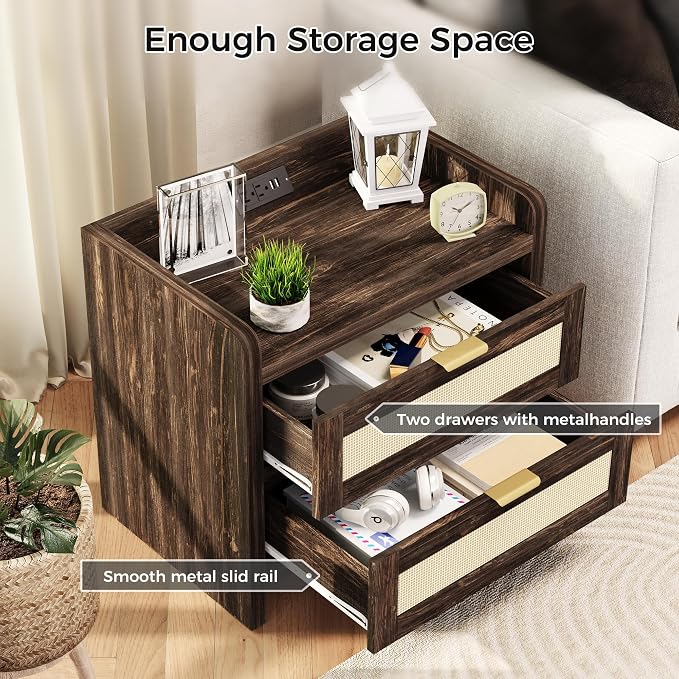 Luoxiao Nightstand Set of 2 with Charging Station - 4 Outlets & 4 USB Ports, Rattan Drawers Side Table, Boho Wood Bedside Tables End Table for Bedroom, Small Space, Easy Assembly (15.4"x23.6"x21.5")