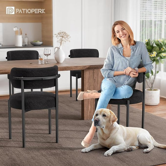 PatioPerk Boucle Dining Chairs Set of 2, Black Mid Century Morden Chair with Curved Backrest, Round Upholstered Sherpa with Metal Legs, Suitable for Various Kitchen Styles
