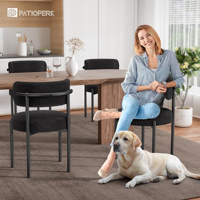 PatioPerk Boucle Dining Chairs Set of 6, Black Mid Century Morden Chair with Curved Backrest, Round Upholstered Sherpa with Metal Legs, Suitable for Various Kitchen Styles